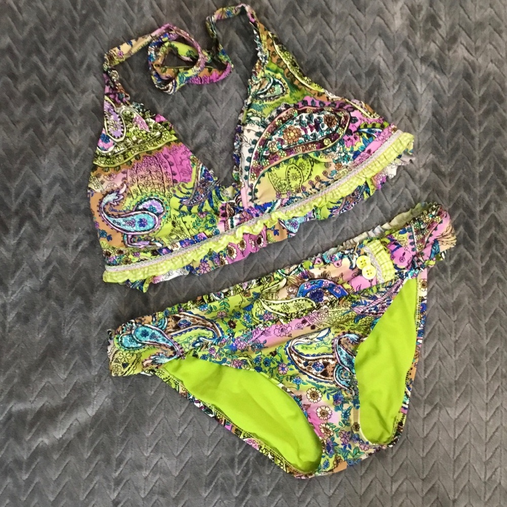 Lucky Brand Neon Paisley Bikini Swimsuit Size Medium